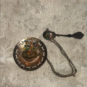 VTG Silver Brooch and Chain with Colorful Beads